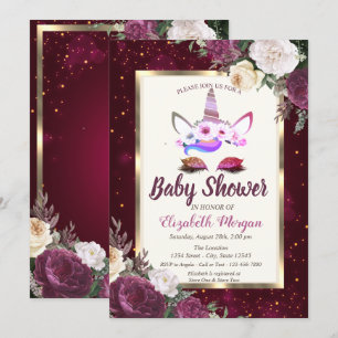 Chic Glitter Unicorn,Burgundy Floral Baby Shower Invitation