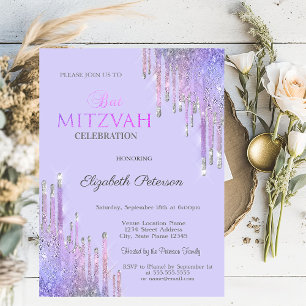 Chic Glitter Violet Drips Lavander Bat Mitzvah   Invitation