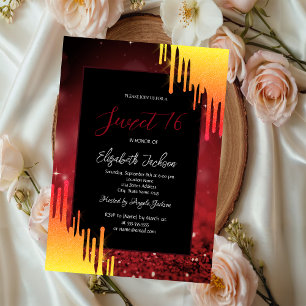 Chic Glitter Yellow Drips,Bokeh Red  Invitation