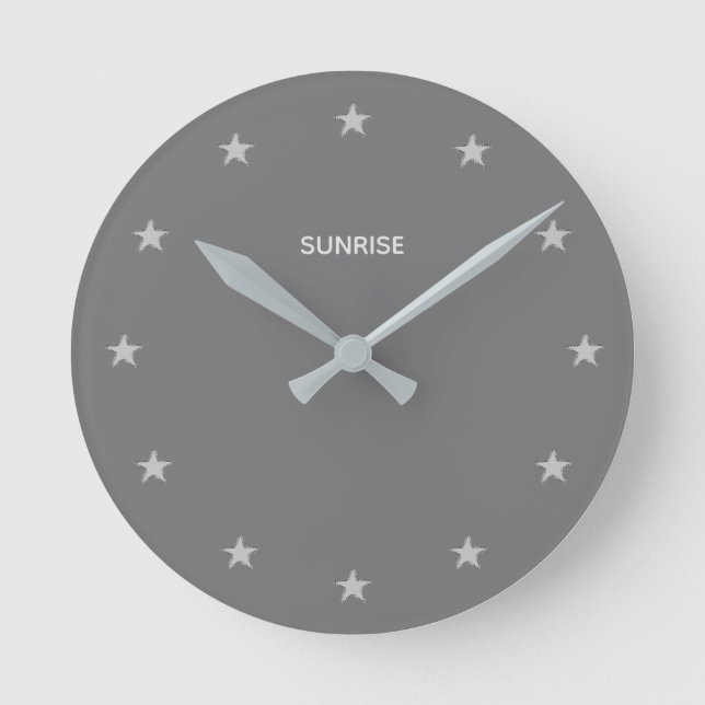 Chic Glittering Silver Stars on Grey Round Clock (Front)