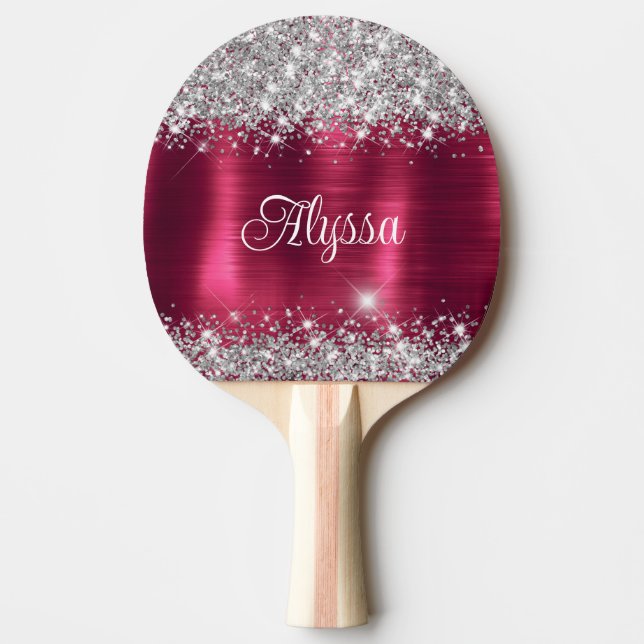 Chic Glittery Burgundy Glam Name Ping Pong Paddle (Front)