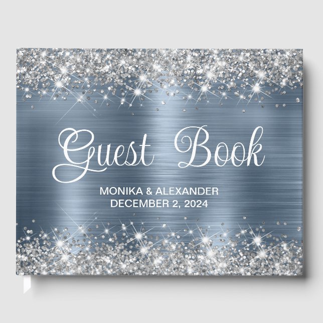 Chic Glittery Dusty Blue Foil Wedding Guest Book (Front)