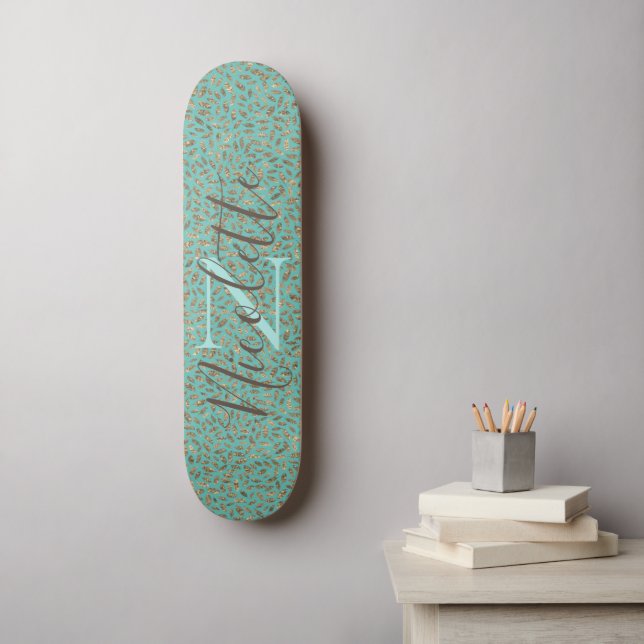 Chic Glittery Feathers Monogram      Skateboard (Wall Art)