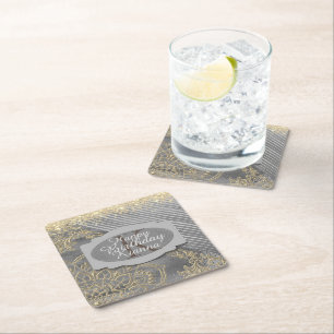 Chic Glittery Mandala Monogram Square Paper Coaster