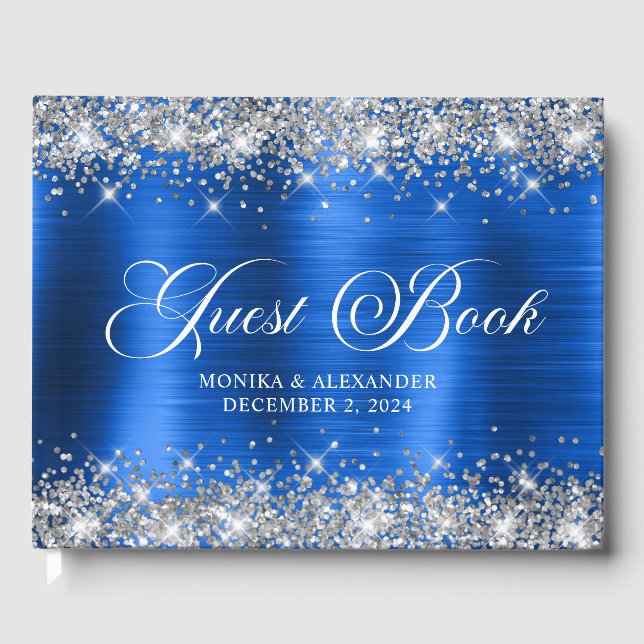 Chic Glittery Royal Blue Foil Wedding Guest Book (Front)