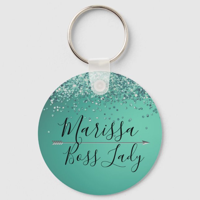 Chic Glittery Turquiose  Boss Lady Key Ring (Front)
