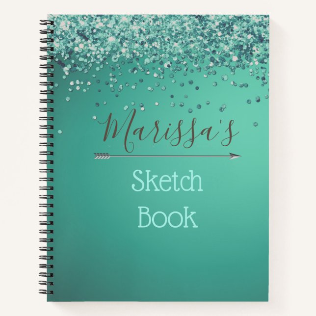 Chic Glittery Turquiose Personalised Sketch Book (Front)