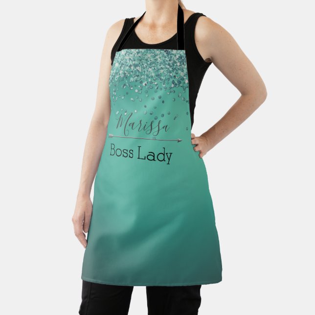 Chic Glittery Turquoise Personalised Boss Lady  Apron (Insitu)