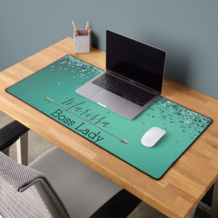Chic Glittery Turquoise Personalised Boss Lady Desk Mat