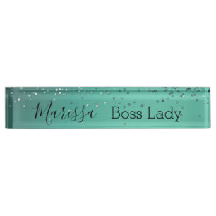 Chic Glittery Turquoise Personalized Boss Lady  Nameplate