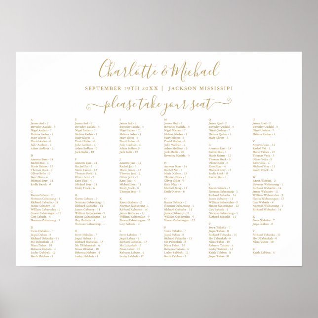 Chic Gold 200 Names Wedding Seating Chart (Front)