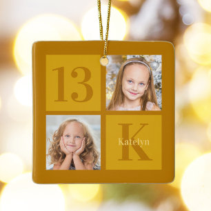 Chic Gold 2 Photo Collage Custom Birthday Party Ceramic Ornament