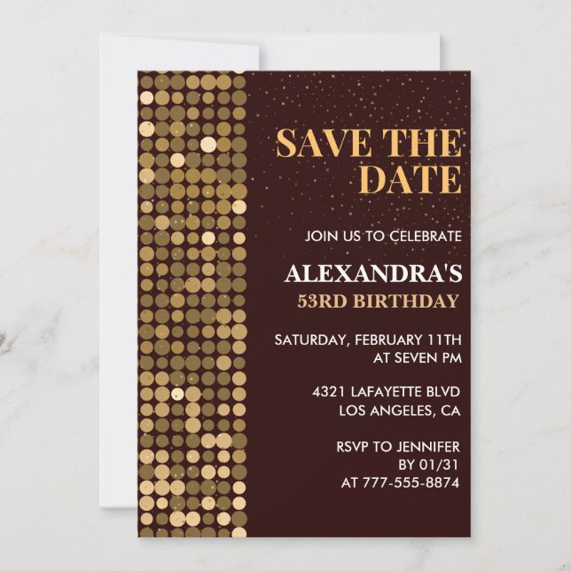 Chic Gold 53rd birthday invitations Save the date (Front)