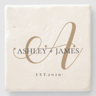  Chic Gold A Monogram Script Name Wedding Date Stone Coaster