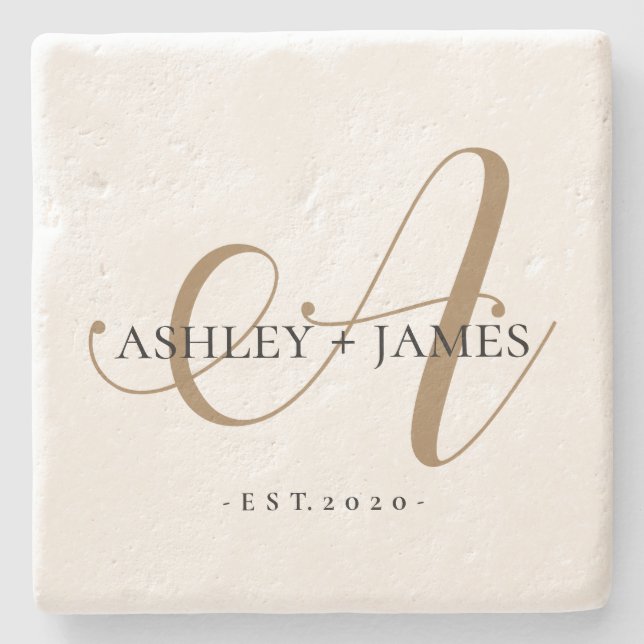  Chic Gold A Monogram Script Name Wedding Date Stone Coaster (Front)