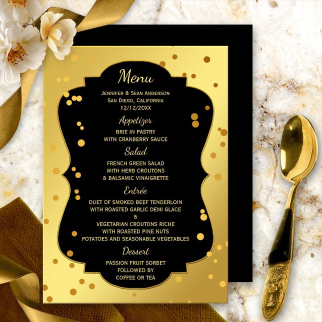 Chic Gold and Black Confetti Menu Card (A festive and elegant menu card featuring gold confetti on a gold and black background)