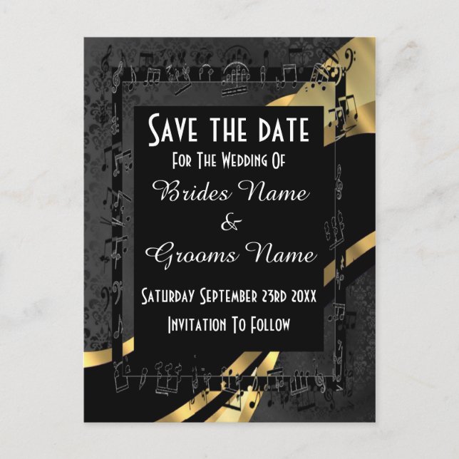 Chic gold and black damask save the date announcement postcard (Front)