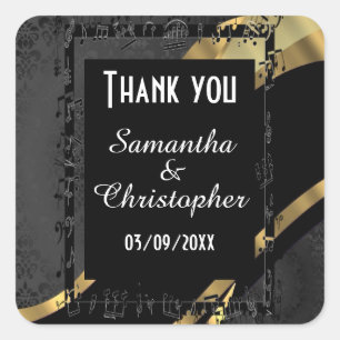 Chic gold and black damask  thank you square sticker