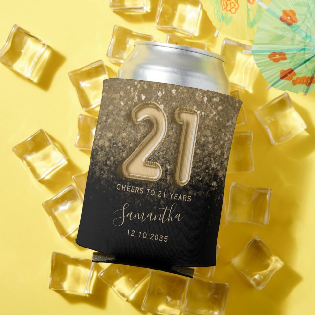 Chic Gold and Black Glitter 21st Birthday Can Cooler (In Situ Summer)