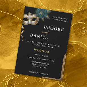 Chic Gold and Black Peacock Masquerade Wedding Invitation