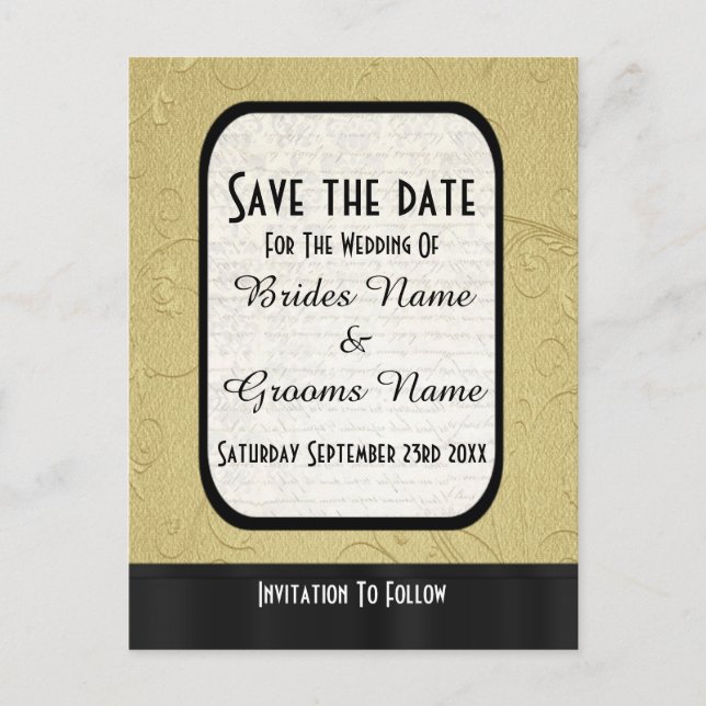 Chic gold and black save the date announcement postcard (Front)