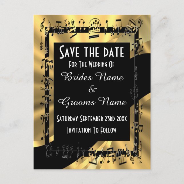 Chic gold and black save the date announcement postcard (Front)