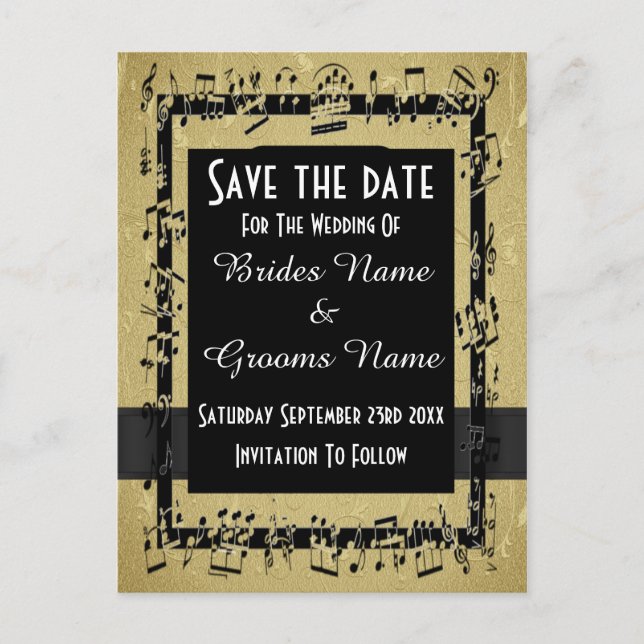Chic gold and black save the date announcement postcard (Front)