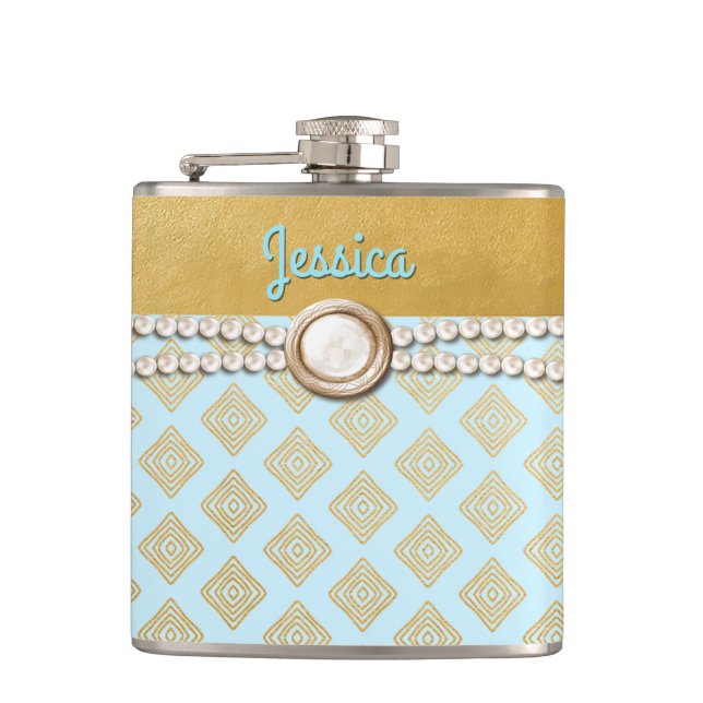 Chic Gold and Blue Bridesmaid Custom Flask (Front)