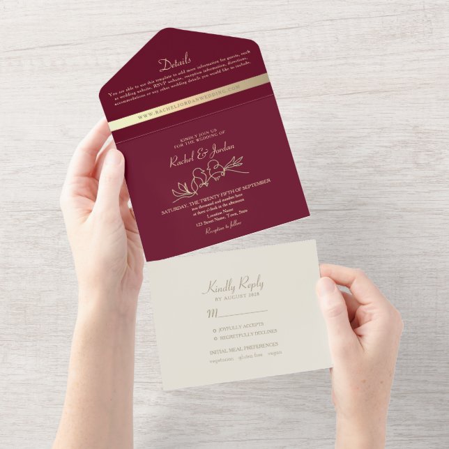 Chic Gold and Burgundy Wedding All In One Invitation (Tearaway)
