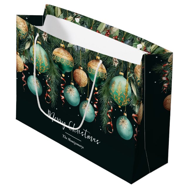 Chic Gold and Green Christmas Tree Ornaments Large Gift Bag (Front Angled)