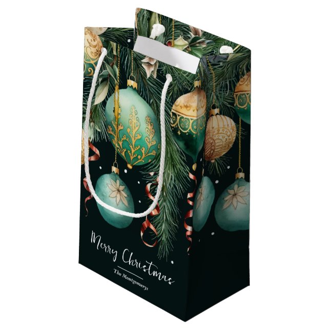 Chic Gold and Green Christmas Tree Ornaments Small Gift Bag (Back Angled)