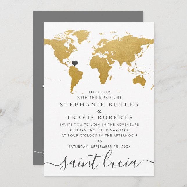 Chic Gold and Grey World Map Wedding Abroad Invitation (Front/Back)