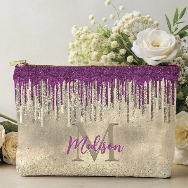 Chic gold and hot pink drips monogram accessory pouch (Creator Uploaded)