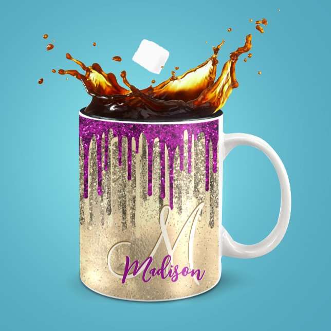 Chic gold and hot pink drips monogram coffee mug (Creator Uploaded)
