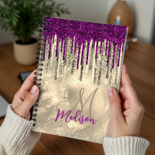 Chic gold and hot pink drips monogram notebook