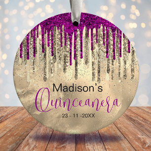 Chic gold and hot pink drips Quinceanera Ceramic Ornament