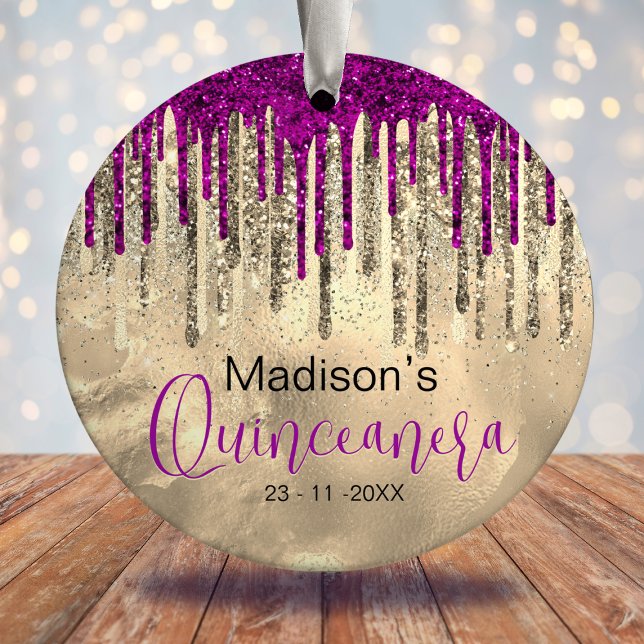 Chic gold and hot pink drips Quinceanera Ceramic Ornament (Creator Uploaded)