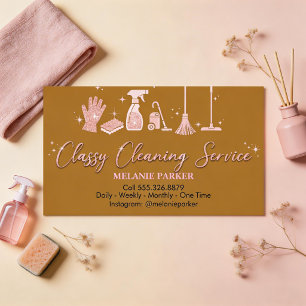chic gold and pink cleaning services business card