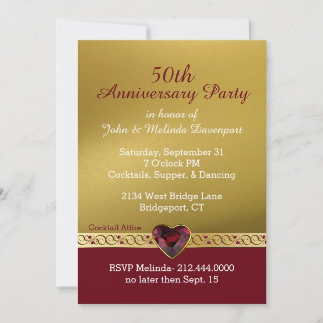 Chic Gold and Red Fiftieth Wedding Anniversary Invitation (Front)