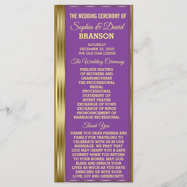 Chic Gold and Royal Purple Wedding Custom Program (Front)