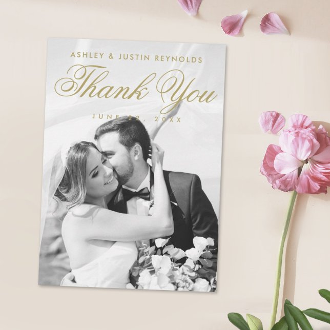 Chic Gold and White Photo Wedding Thank You Card (Creator Uploaded)
