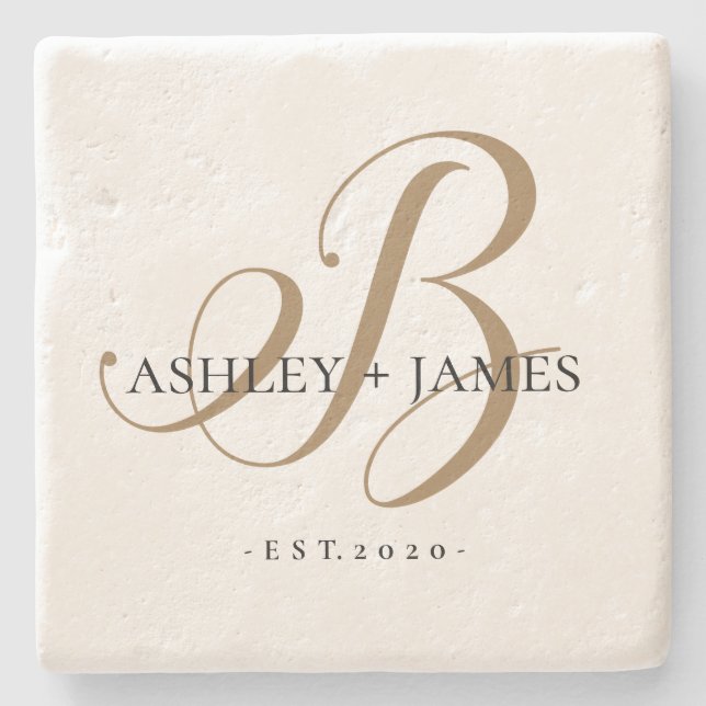  Chic Gold B Monogram Script Name Wedding Date Stone Coaster (Front)