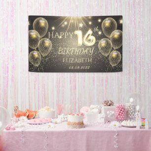 Chic Gold Balloons Stars 16th Birthday  Banner