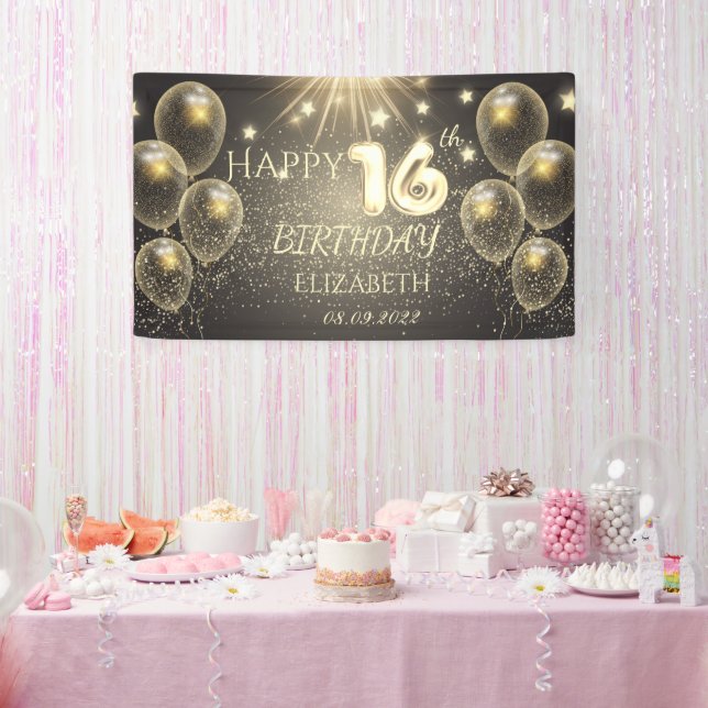 Chic Gold Balloons Stars 16th Birthday  Banner (Party)