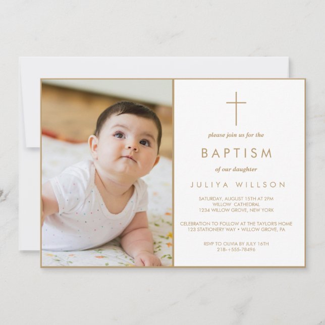 Chic Gold  Baptism photo  Invitation (Front)