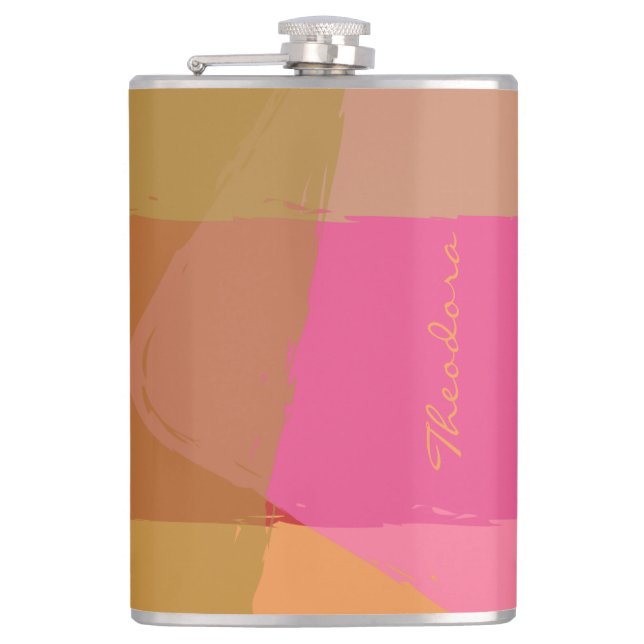Chic Gold Beige Pink  Orange Abstract Hip Flask (Front)