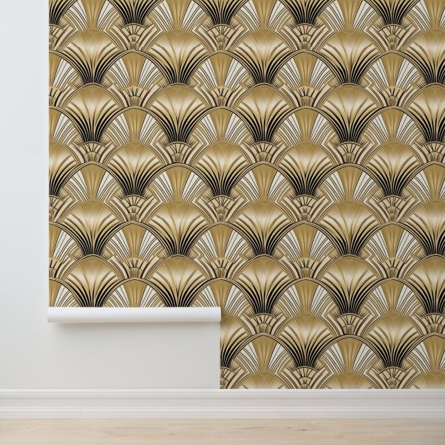 Chic Gold Black Art Deco Arches Wallpaper (Application)
