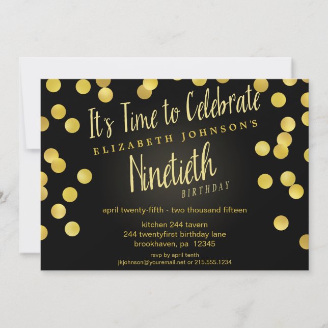 Chic Gold & Black Confetti 90th Birthday Invite (Front)
