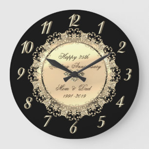 Chic Gold Black Diamond 25th Wedding Anniversary Large Clock