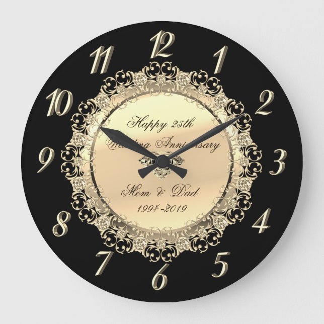 Chic Gold Black Diamond 25th Wedding Anniversary Large Clock (Front)